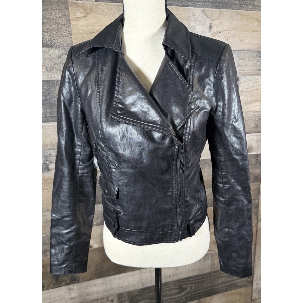 GUESS Women's Black Moto Biker Jacket Full Zip Collared Zippers Small